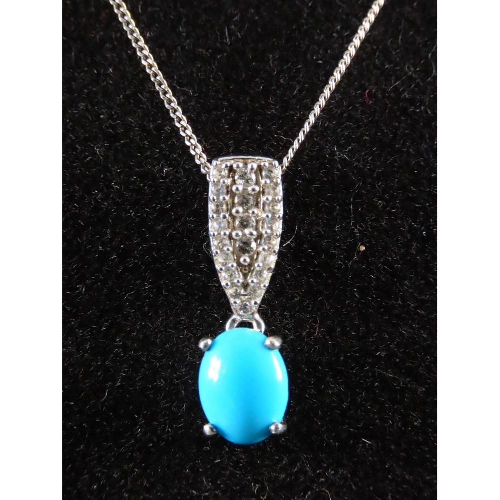 STERLING SILVER 18" Chain Necklace D'JOY TURQUOISE & WHITE TOPAZ PAVE' PENDANT